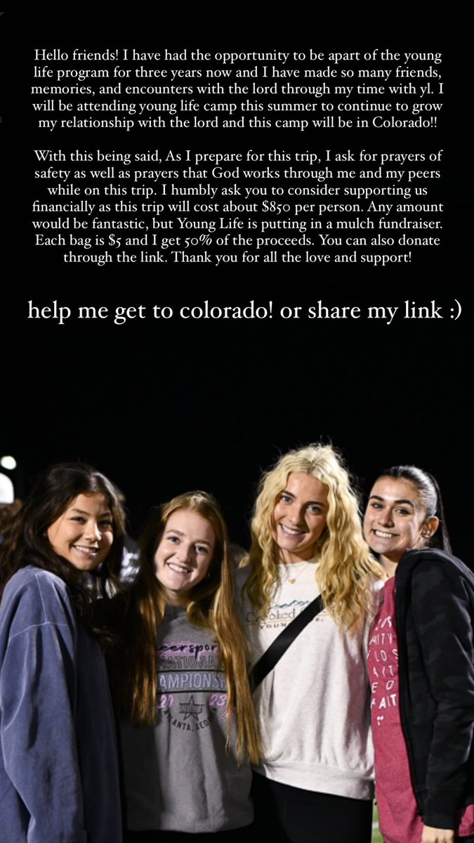 I am going on a mission trip!! If anyone would be able to help me financially please follow this link to donate! 
tx540.younglife.events/rfmulchsale2024 
Please read ⬇️⬇️