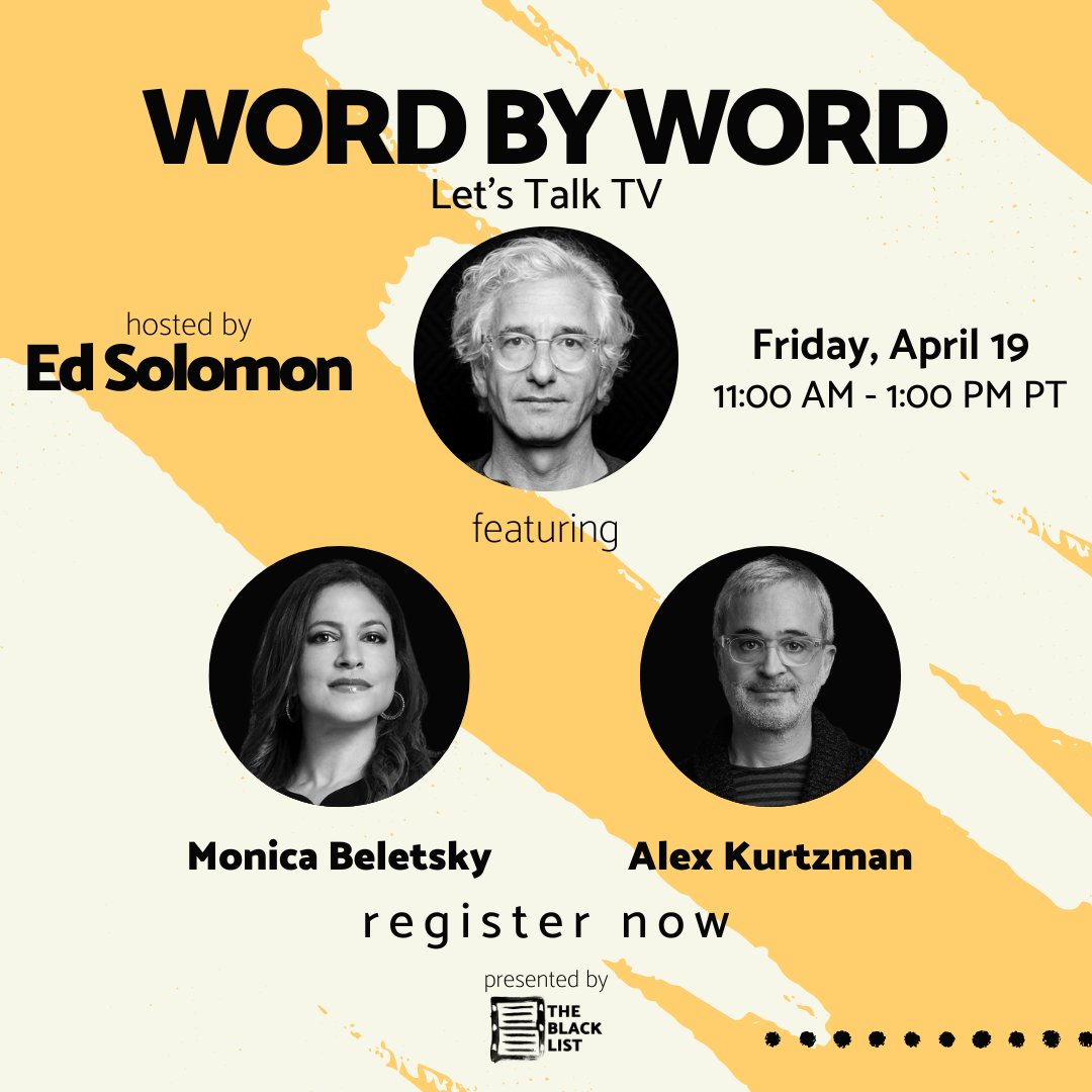 This Friday, #WordByWord with @ed_solomon RETURNS! Join special guests @MonicaBeletsky (MANHUNT, FARGO) + @Alex_Kurtzman (STAR TREK, FRINGE) for an in-depth, lively conversation about writing for television! Sign up to join us for Friday's session here: bit.ly/42O4EV7