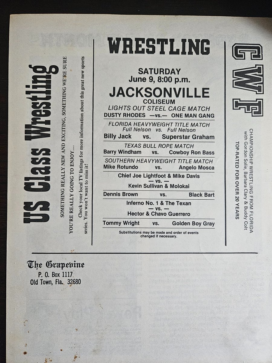 JACKSONVILLE,FL. 6/9/84 Dusty beat OMG in the Steel Cage.Superstar Graham beat Billy Jack.Ron Bass beat Barry Windham in a Texas Bullrope Match.Angelo Mosca beat Mike Rotunda.