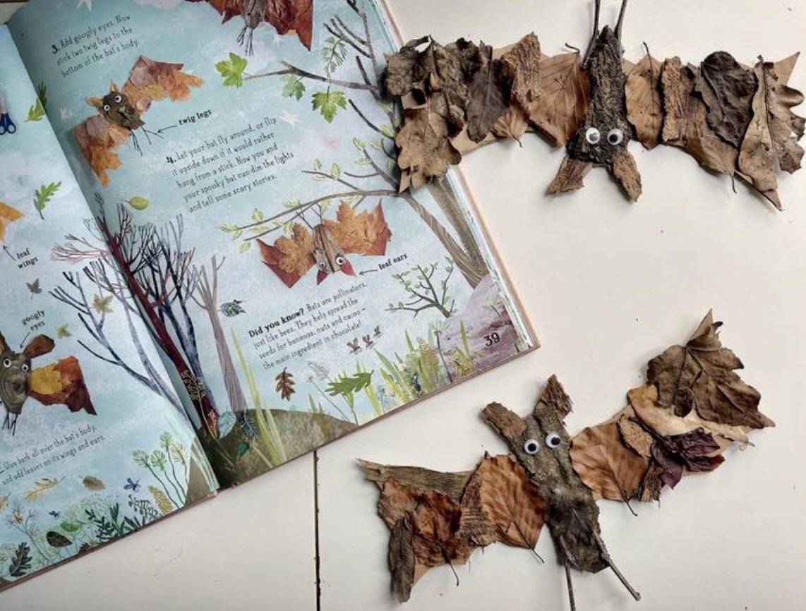 'Almost all creativity requires purposeful play.”
Abraham Maslow

‘Barking Bats' made by readers from tree bark, leaves & twigs  🦇👏🏼
#EveryChildlsAnArtist
#TheBigBookOfNatureArt #bigbookskidart
#recycelcraftcreate #NatureTwitter #kidsneednature