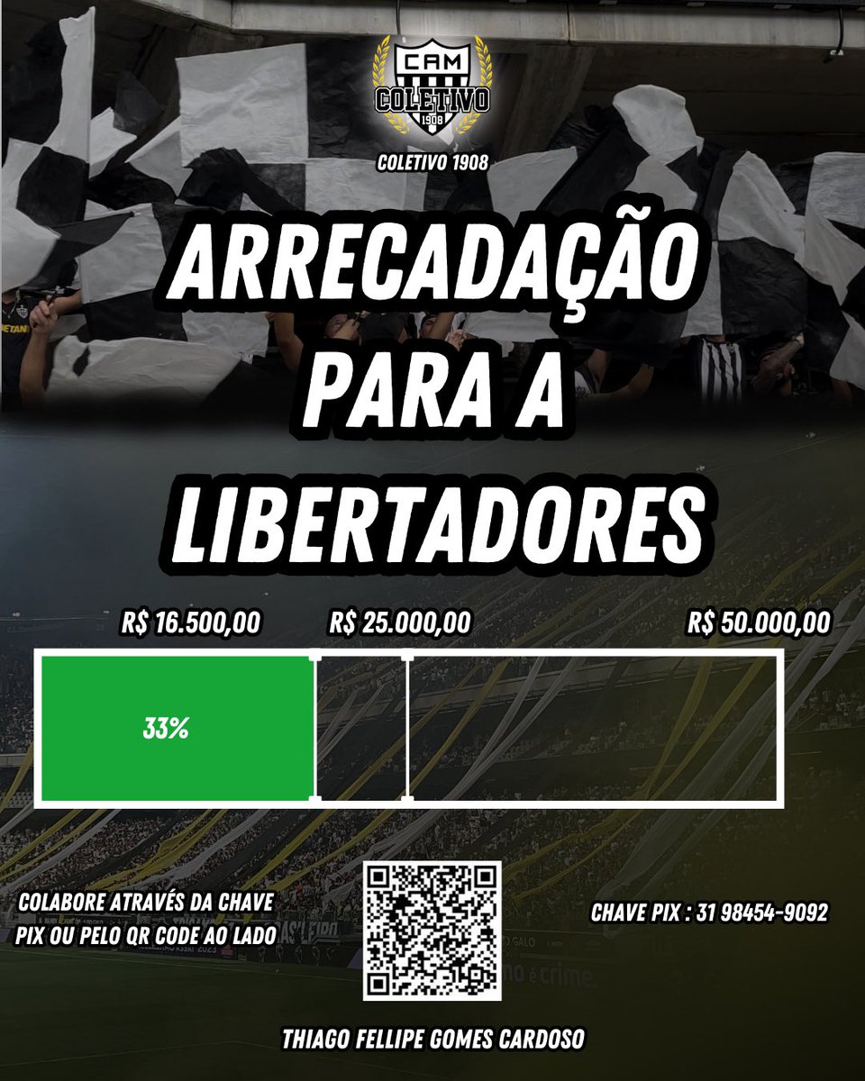 ✅ 33% da META batida!!! ⚙️ Chegamos aos 33% da nossa meta de arrecadação para as festas na Libertadores, continuem contribuindo e compartilhando, não vamos deixar parar!!! +