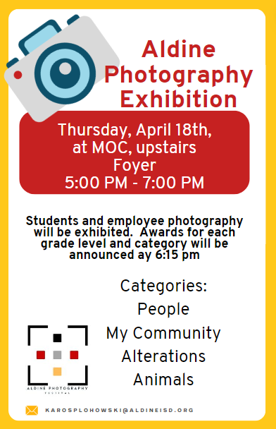 📸 Don't miss the Aldine photography exhibition this Thursday at the Bamberg building from 5 pm-7 pm! 🎉 Come see the amazing work of our talented students and employees. Awards for each grade level and category will be revealed! 🏆
