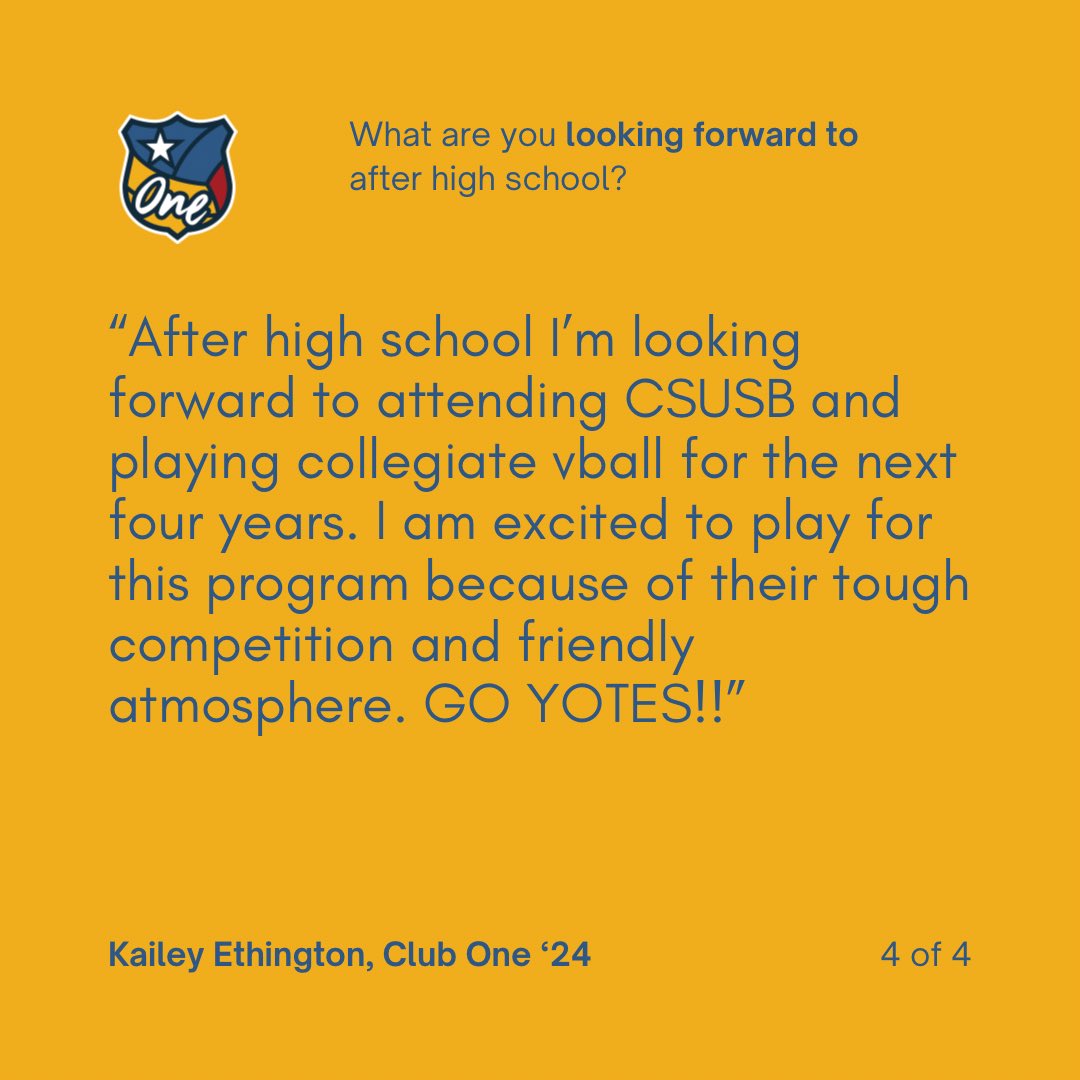 “Your sport does not define you as a person: you are a human first and an athlete second.” -Kailey Ethington, Club One Class of ‘24 We’re so grateful for our graduating seniors 💛 Keep checking back as we feature our Q&A with each of these special young women. #ONEVBFAM