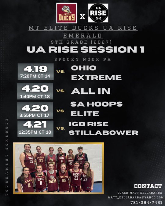 College coaches check out our HS Girls Under Armour teams schedules for UA Rise session I at Spooky Nook PA this weekend!

These teams are loaded with high level college prospects who you will want to see play!

#MTEDFamily #UARiseDucks #HighLevelProspects #RepresentMA