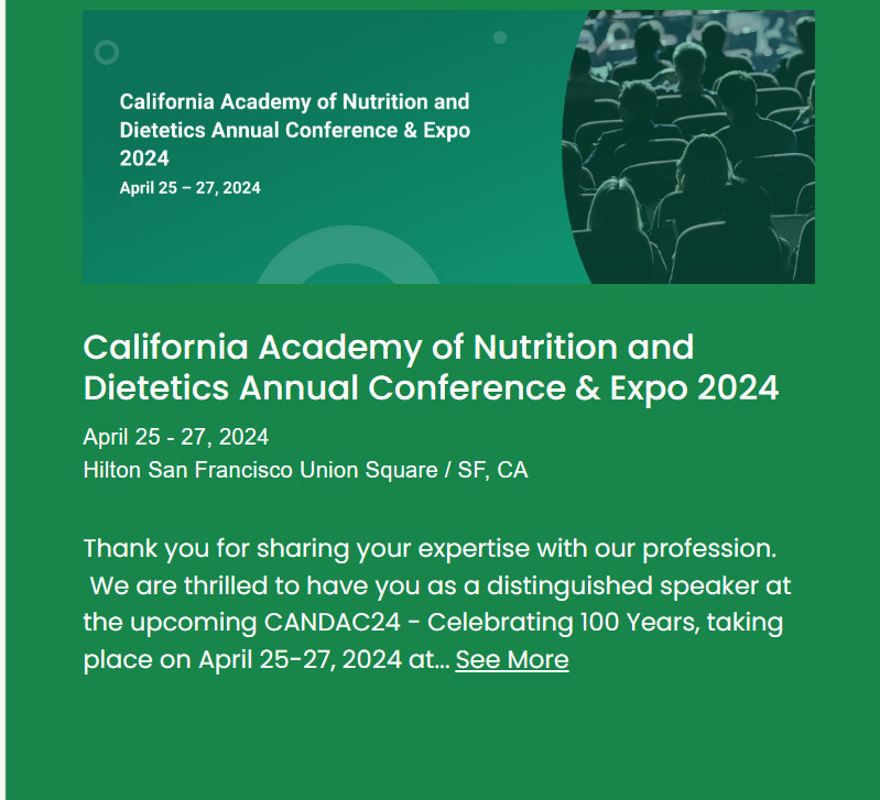 SharonPalmerRD's tweet photo. I'm thrilled to present on plant-based options in health care at the California Academy of Nutrition & Dietetics Annual Conference and Expo 2024. Join me April 27 by registering here. #CANDAC https://t.co/6o4RzheAlw https://t.co/skebFpEBxV
