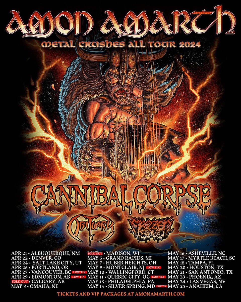 4 days until our journey begins, vikings! Both Madison and Calgary are now sold out + several dates have low ticket warnings. Prepare for the raid: amonamarth.com/tour