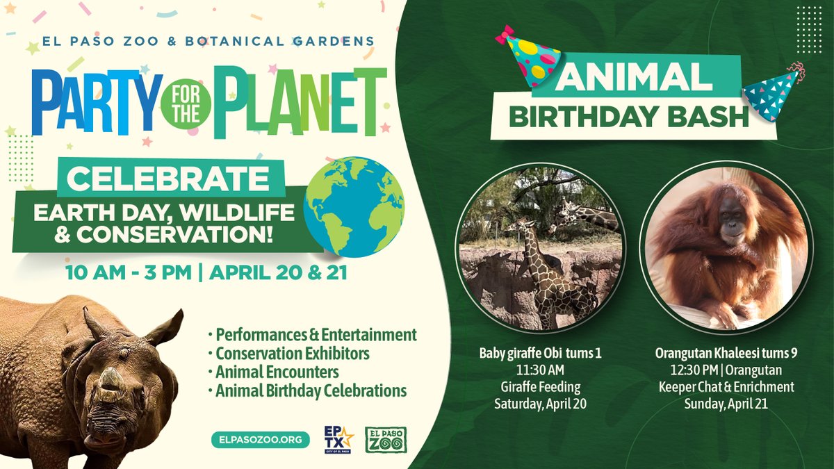 Join the @elpasozoo for their Animal Birthday Bash this weekend! Come on out to the El Paso Zoo April 20 & 21 to help us celebrate Earth Day, wildlife and conservation! #ElPasoZoo #EarthDay #PartyForThePlanet 🌏✨