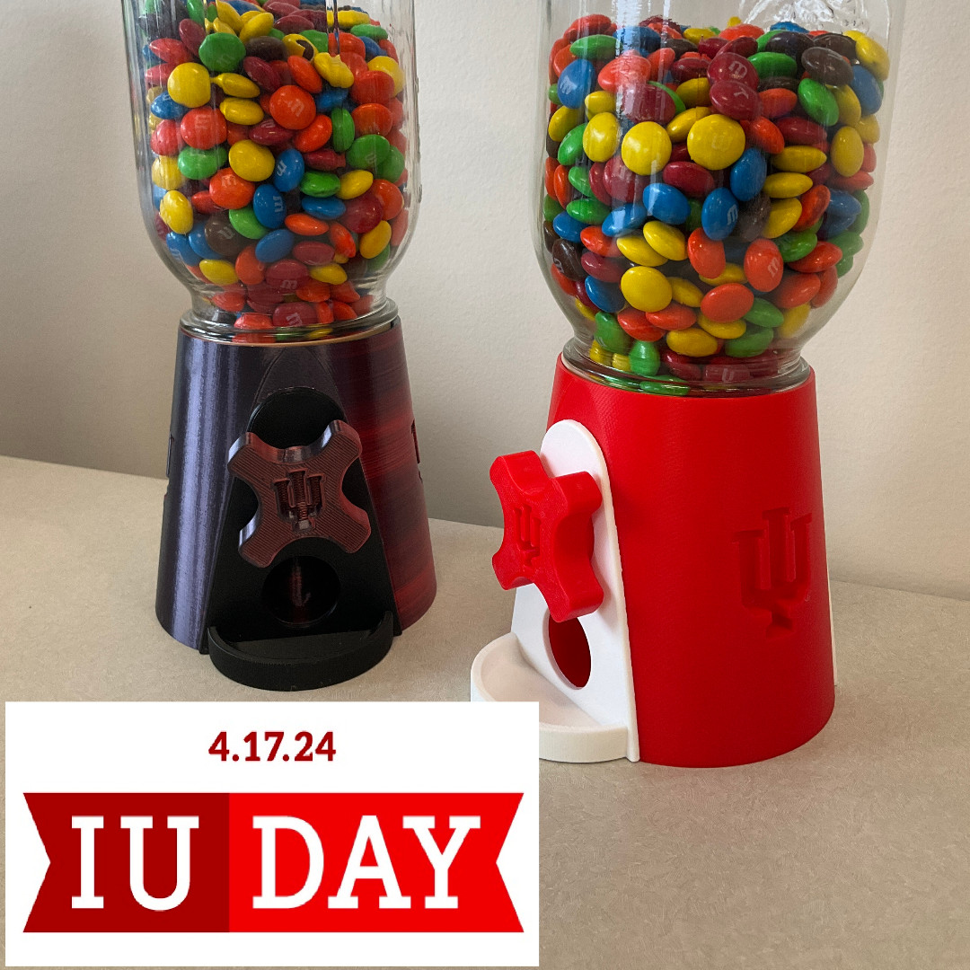 Congratulations to @SelectSpeed (on X) and @black.gabbie (on Instagram) - they are the winners of our 3D-printed gumball machines! If you didn't win, remember you can download the files to 3D-print your very own at thingiverse.com/iulibraries/de…. Happy #IUDay!