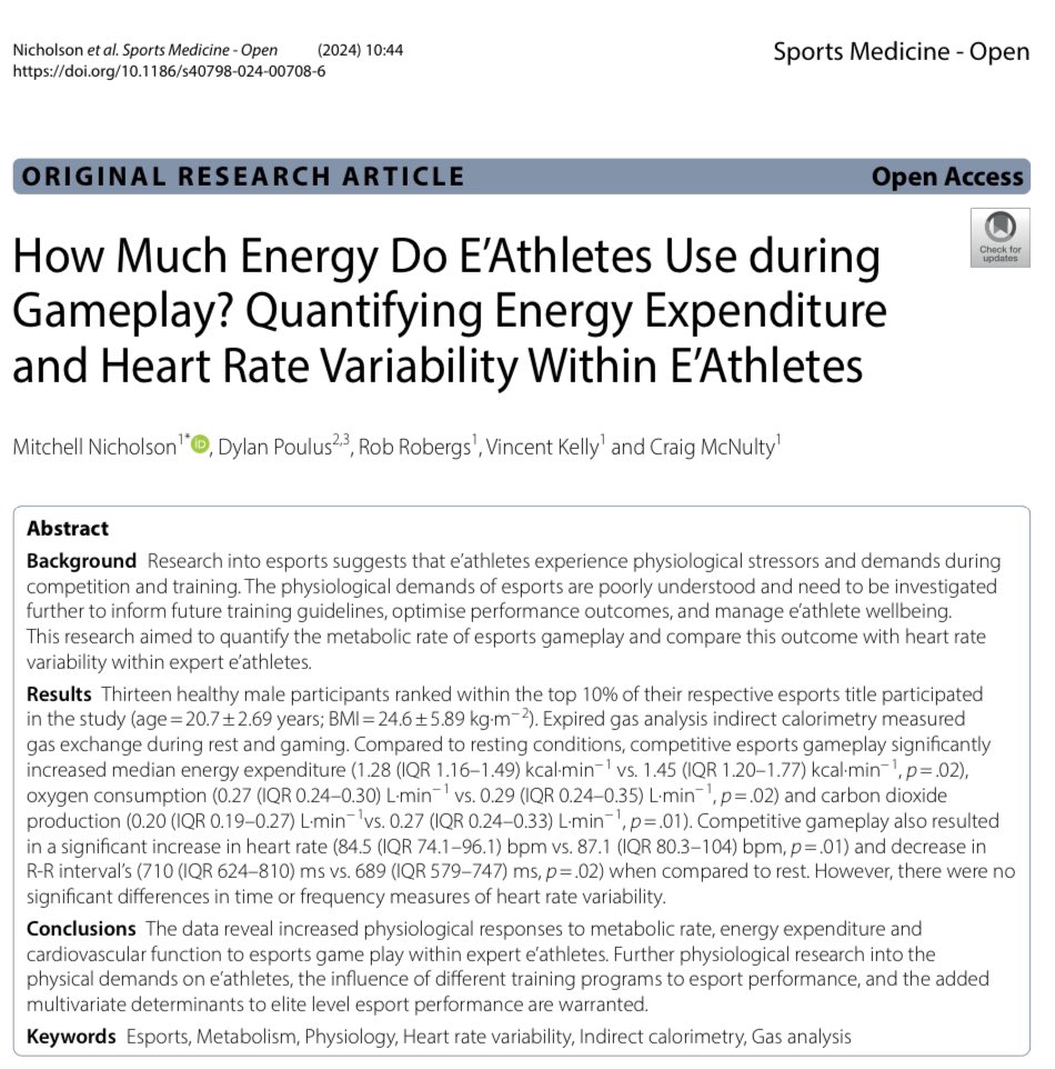 Study 2 of my PhD has now been officially published at <a href="/SportsMedicineJ/">Sports Medicine</a> ! 🙌🏻

“How much Energy do E’Athletes Use During Gameplay? Quantifying Energy Expenditure and Heart Rate Variability within E’Athletes” 

Check out the full-text: doi.org/10.1186/s40798…