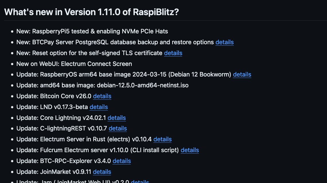 ⚡ Version 1.11.0 of RaspiBlitz released ⚡

Now supports RaspberryPi 4 &amp; 5 with NVMe PCIe drive. Many updates: Bitcoin 26.0.0, LND 0.17.3, Core Lightning 24.02.1, LNbits 0.11.3 .. and new documentation.

Download: docs.raspiblitz.org/docs/setup/sof…