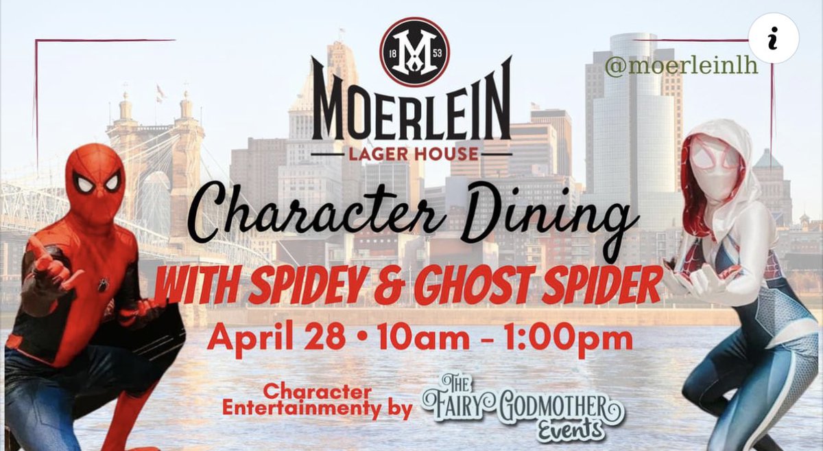 We just opened up more reservations for our Spider-Man & Ghost Spider Character Dining Experience. Join Spidey and Ghost Spider for Brunch at Moerlein Lager House during our Magical Morning at Moerlein Sunday April 28th! moerleinlagerhouse.com