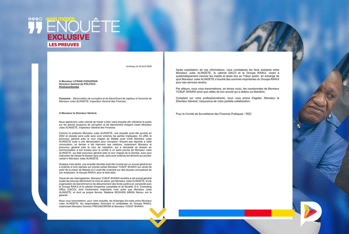 EXCLUSIF/ Le 3ème acte de notre enquête se concentre sur le classement sans suite d'une dénonciation visant Jules Alingete par la justice congolaise, ainsi que sur une série de nouvelles preuves qui nous ont été transmises à <a href="/politicocd/">POLITICO.CD</a> . Il s'agit de plus de 65 documents, parmi