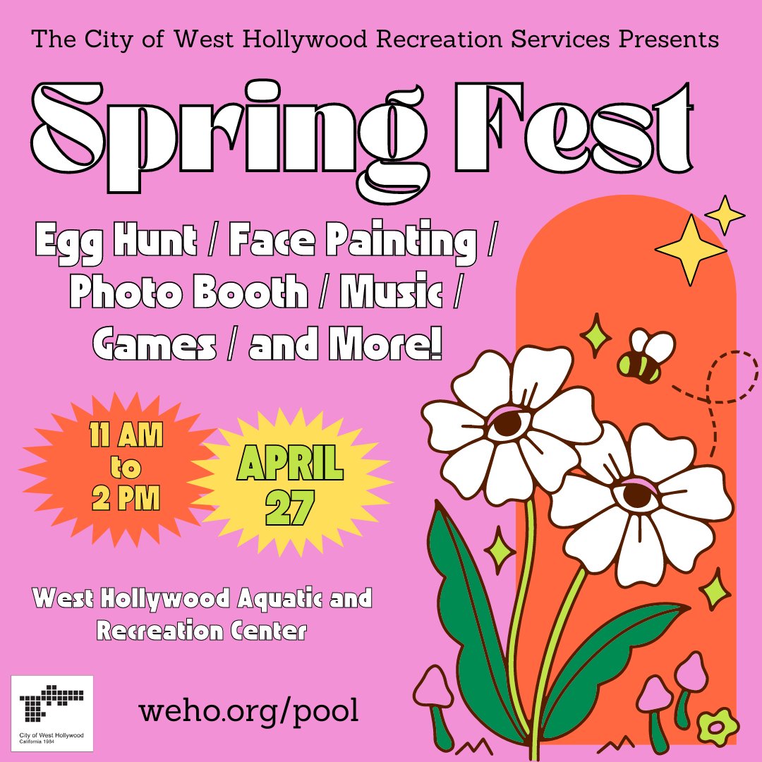 Splash into our 2024 Spring Fest! 🎨🎶🏀 The event will take place on April 27, from 11 AM to 2 PM, at West Hollywood Park, 647 N. San Vicente Boulevard. Please note that not all activities are free, and some require registration to participate. Deets: go.weho.org/4avEJGq