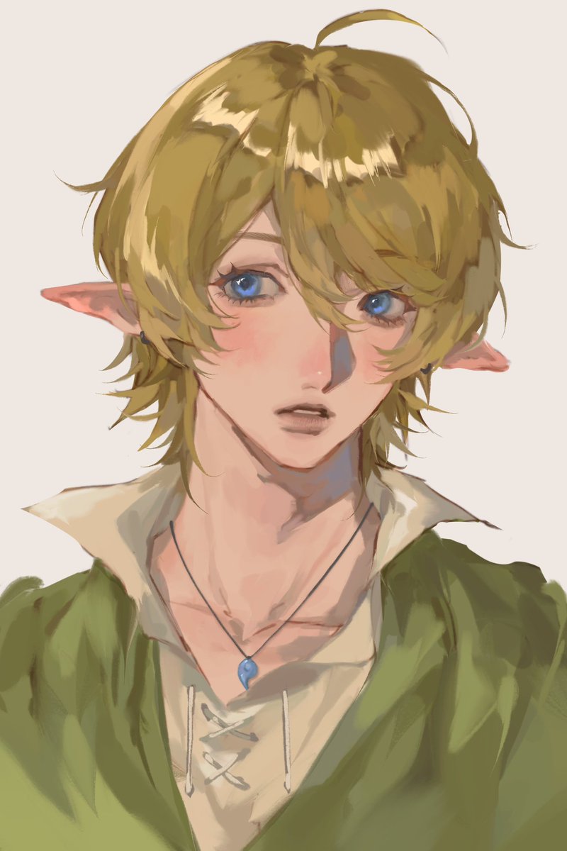 link solo looking at viewer blush short hair blue eyes simple background shirt  illustration images