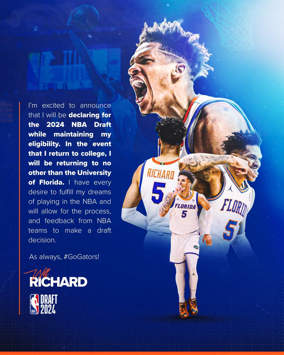 Will Richard has declared for the NBA Draft. If he returns, it will only be to Florida 🐊 I’m also thinking he will be back next year to help lead UF 👀