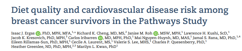 Diet quality and cardiovascular disease risk among breast cancer survivors in the Pathways Study 👉'Among newly diagnosed breast cancer patients, higher diet quality at diagnosis was associated with lower risk of CVD events and death.' academic.oup.com/jncics/article… | @JNCI_Now