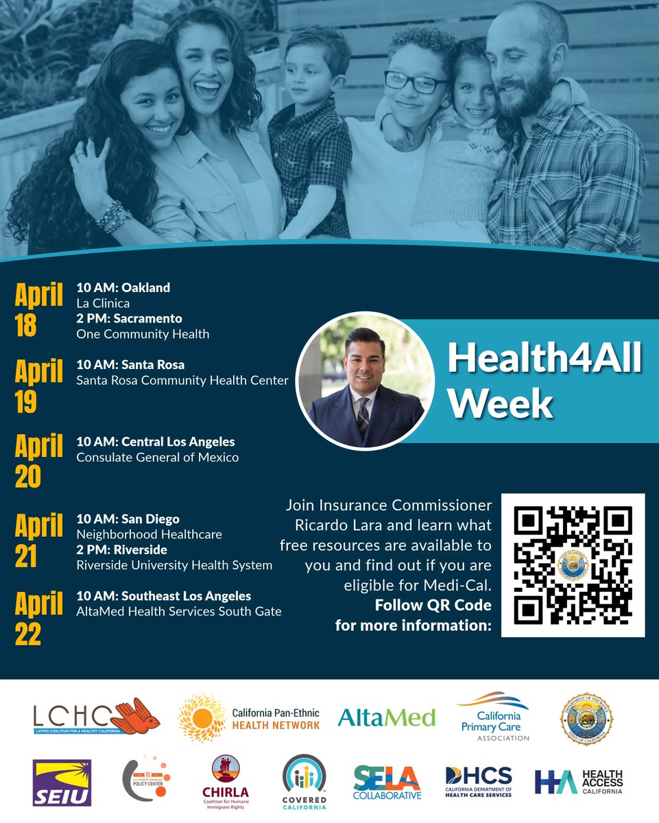 Exciting news! Commissioner Ricardo Lara is launching the first-ever #Health4All Week at community health centers statewide. Join us for a week of education and outreach focused on building a healthier future together. Click the link below to learn more! bit.ly/446a53W