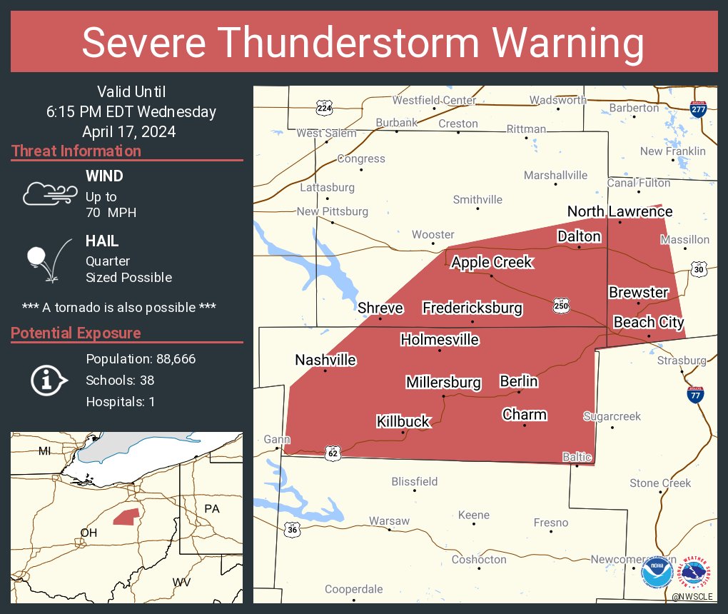Severe Thunderstorm Warning including Millersburg OH, Brewster OH and Dalton OH until 6:15 PM EDT. This storm will contain wind gusts to 70 MPH!