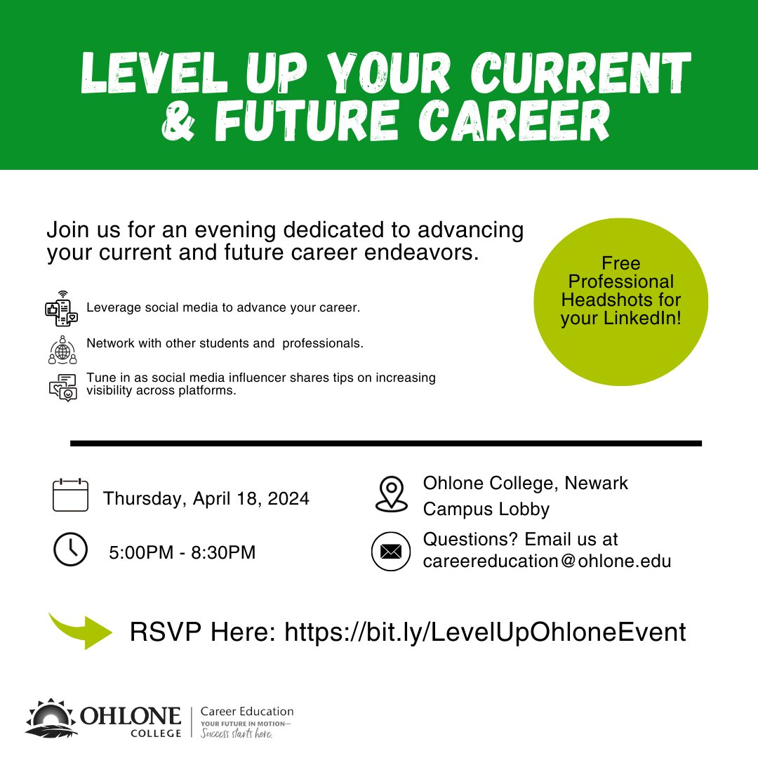 Level up your career and your social media skills! Join our career education team to discover tips on increasing visibility across platforms and network with professionals. RSVP today: bit.ly/LevelUpOhloneE…