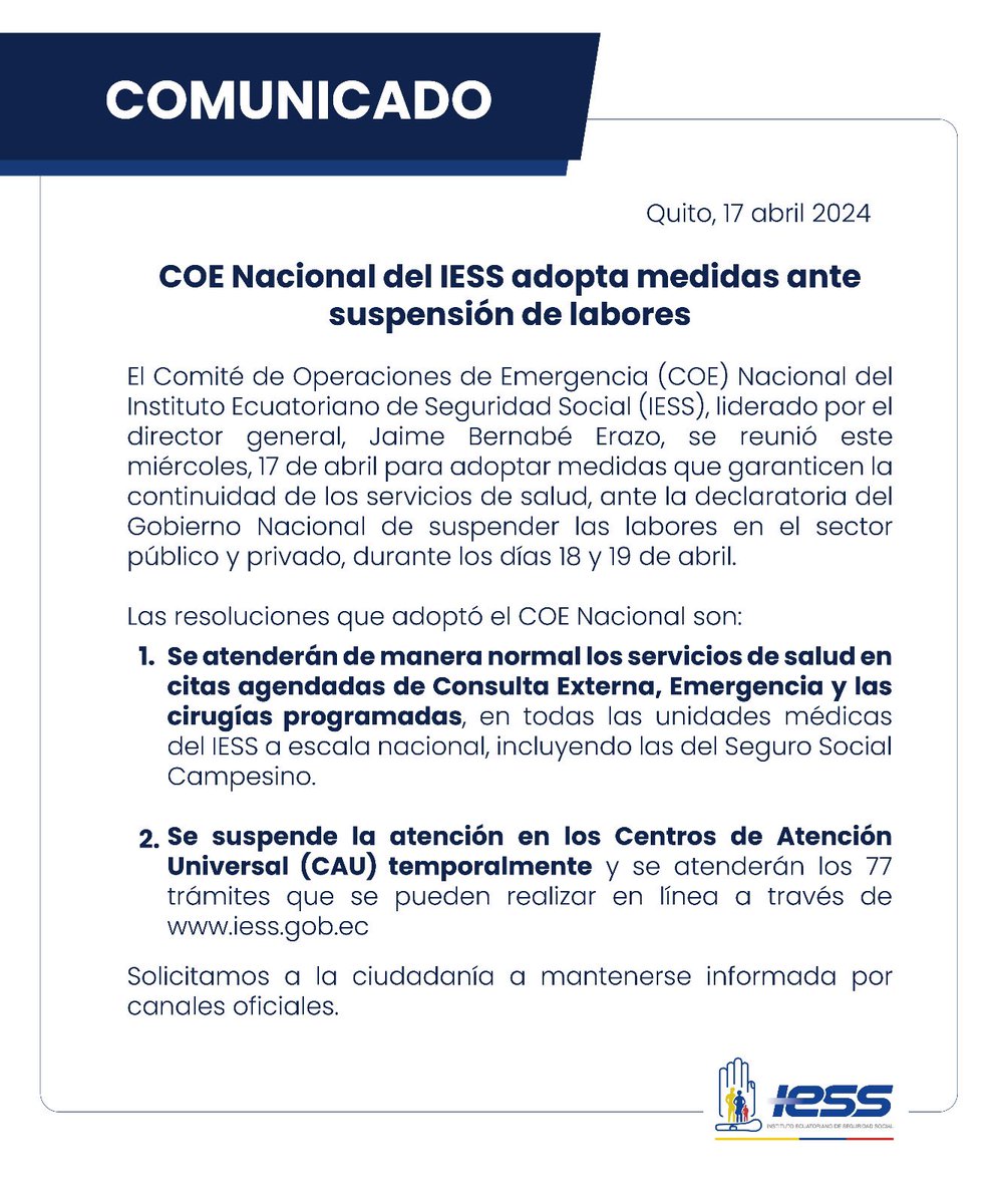 IESSec's tweet photo. 📣 #IESSteInforma | El COE Nacional del @IESSec adopta medidas ante suspensión de labores por Decreto Ejecutivo 226. https://t.co/tzihCSMvps