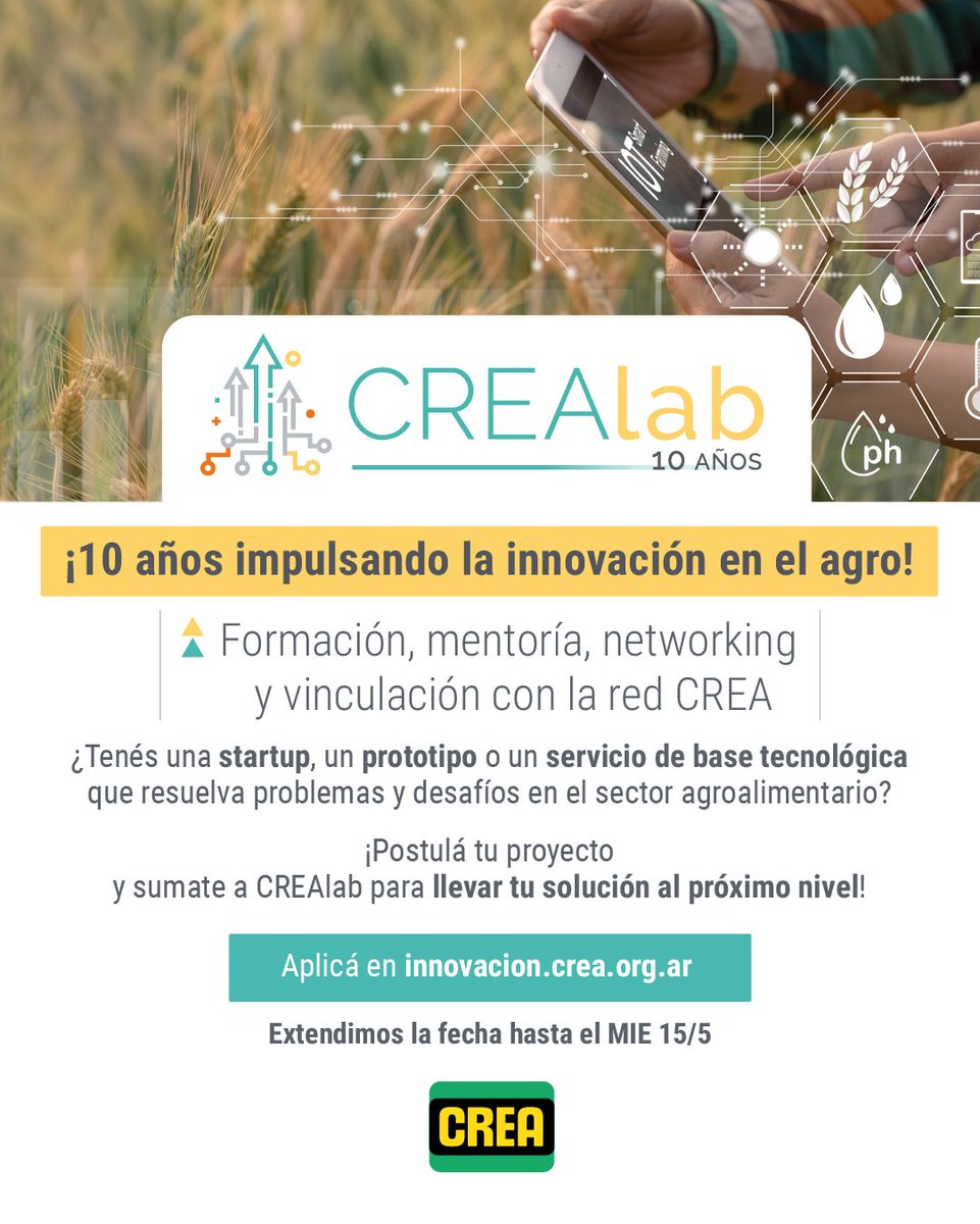 🚀 CREALAB 10 años extiende su convocatoria 🚀 Atención emprendedores #Agtech 📣 Buscamos #Startups que propongan soluciones a los desafíos del sector agroalimentario para 👇🏻 📚 Formación 🧠 Mentoría 🗣 Networking 🤝🏻 Integración con red CREA ➕ Info 👉🏻 tinyurl.com/CREAInnova