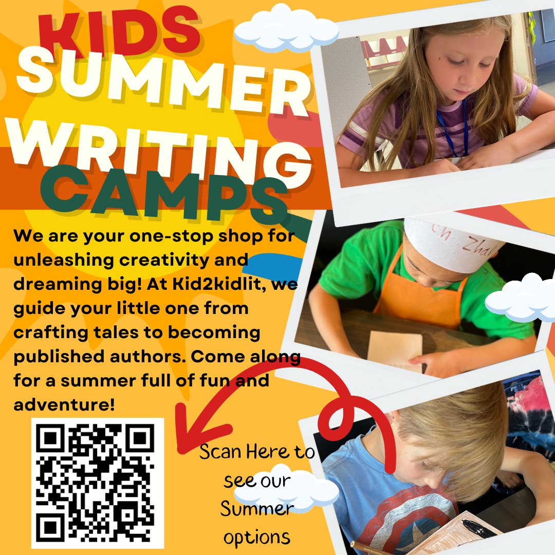 Kid2KidLit's tweet photo. It's time to sign up for the writing camp. Check out the full menu of options available for K-6th graders.  @FSEMustangs @dcsdk12@ClearSkyPTO @rock_ridge_elementary @coloradowithkiddos @literarytots @wcacougars @kidsincastlerock @212pizzaco @castlerockfamilies @dcsmontessori https://t.co/ibAYHmpcUi