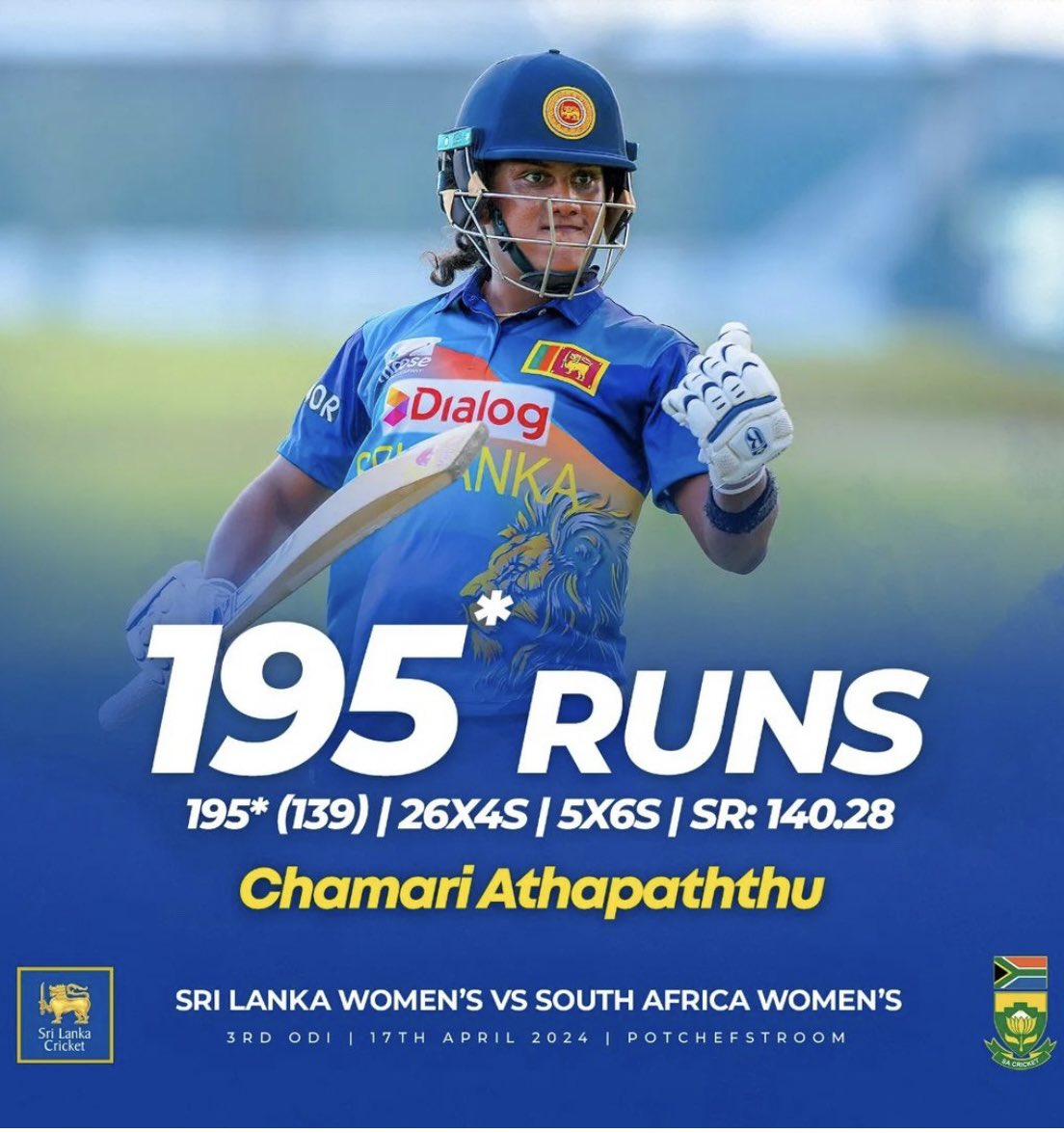 What an absolute legend. 
Arguably the best women’s cricket player ever produced in srilanka.
Another record breaking knock , congratulations @58Chamari . 
Congratulations to @OfficialSLC women’s team on a fantastic tour of SA, 
@CoachTharindu
#womenscricket #SAvSL #SAWvSRIW…