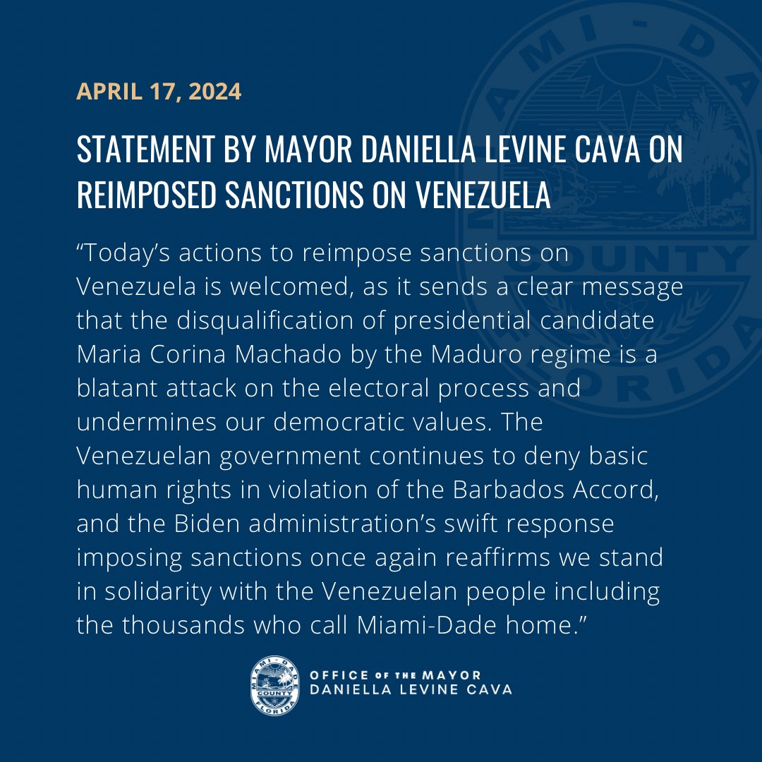 Reimposing sanctions on Venezuela reaffirms our commitment to democracy, human rights and the Venezuelan people, including the thousands who call Miami-Dade home. My statement below: