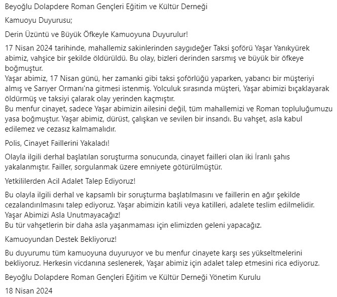 BEDOLDER's tweet photo. Beyoğlu Dolapdere Roman Gençleri Eğitim ve Kültür Derneği

Kamuoyu Duyurusu;

#YaşarAbimizIçinAdalet #HepimizYaşarAbimiz https://t.co/FXUCDt7A81