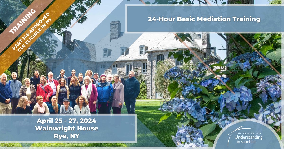 NEXT WEEK: It's not too late to join us in Rye, NY, for a comprehensive 24-hour Basic Mediation Training covering basic theory and skills of understanding-based mediation in a dynamic and engaging learning environment.

bit.ly/41t6iN2

#mediationtraining 

#mediation