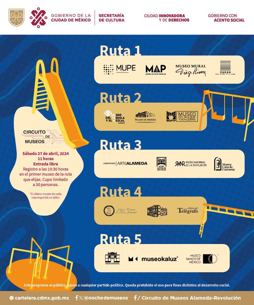 PalacioMineria's tweet photo. La @CulturaCiudadMx y el @GobCDMX invitan a Circuito de Museos. 🏦🌃
Sábado 27 de abril
⏰11:00 hrs
ENTRADA LIBRE 🎟️
Cupo limitado a 30 personas.
#palaciodemineria #museoscdmx #CDMX #cultura #circuitodemuseos https://t.co/4GCORBOel2
