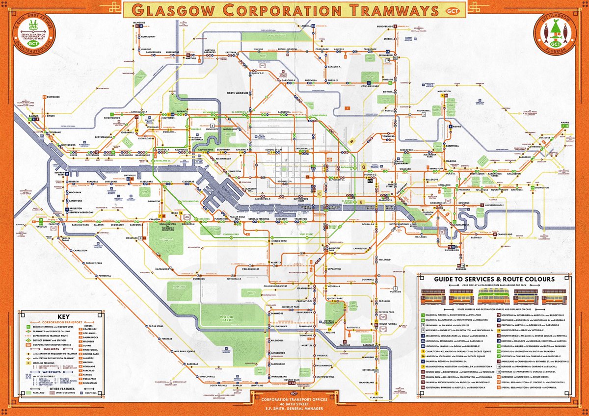 This fascinating map by @cocteautriplets beautifully illustrates the extensive Glasgow tram network in 1938, with over 1,000 municipally-owned trams connecting communities as distant as Clydebank and Airdrie. Imagine if @GlasgowCC could resurrect even a fraction of this today.