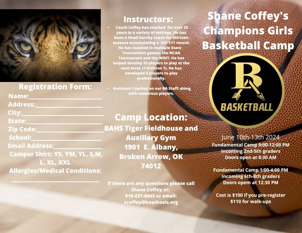 LadyTigerWBB's tweet photo. Broken Arrow Girls Basketball: Shane Coffey’s Champions Camp – 2024
For pre registration, click on the following link:  https://t.co/rpes20ELkr
If there are any questions please email Shane Coffey, at scoffey@baschools.org https://t.co/iTkT26N2JY
