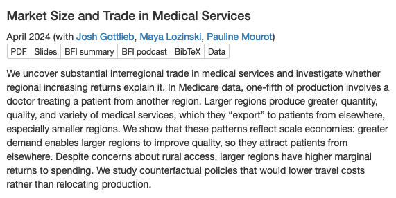📣 Fresh "Market Size and Trade in Medical Services" at jdingel.com w/ new results:
- Lumpy capital equipment is one reason big regions are net exporters
- Population growth → growth in net exports
- Geographic remoteness explains US's steeper income-health gradient