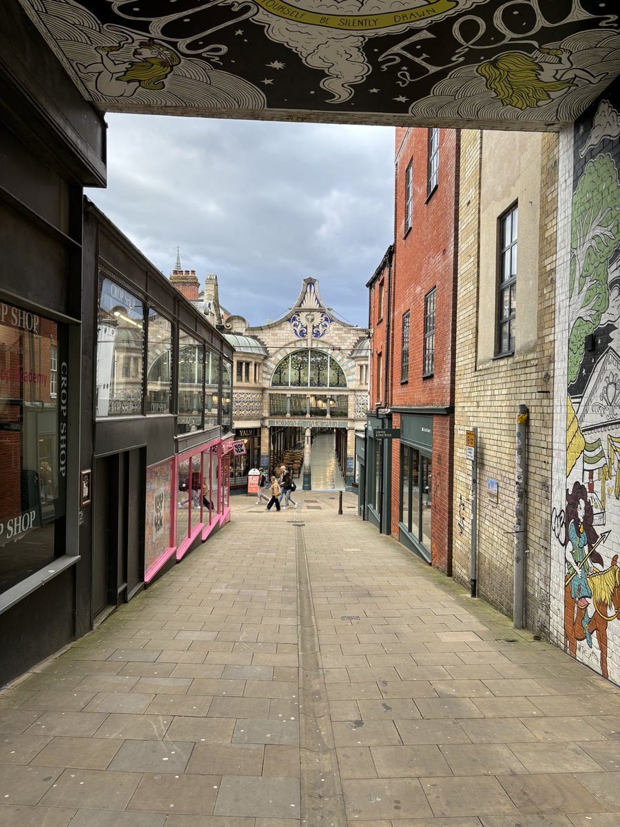 Royal Arcade from Castle Meadow, with gathering storm and cheeky Boudica. #Norwich