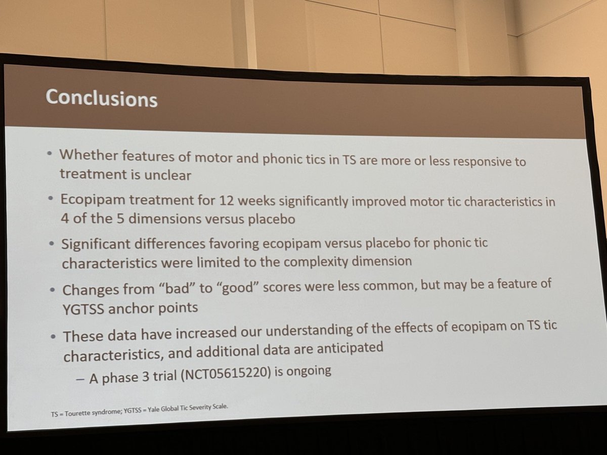 ⁦@GilbertPedNeuro⁩ presented an interesting sub analysis of the Phase 2b (D1AMOND) trial of ecopipam in Tourette syndrome. There is novel information when examining the changes in YGTSS, the main endpoint. This study has been a labor of love for Dr. Gilbert. #AANAM