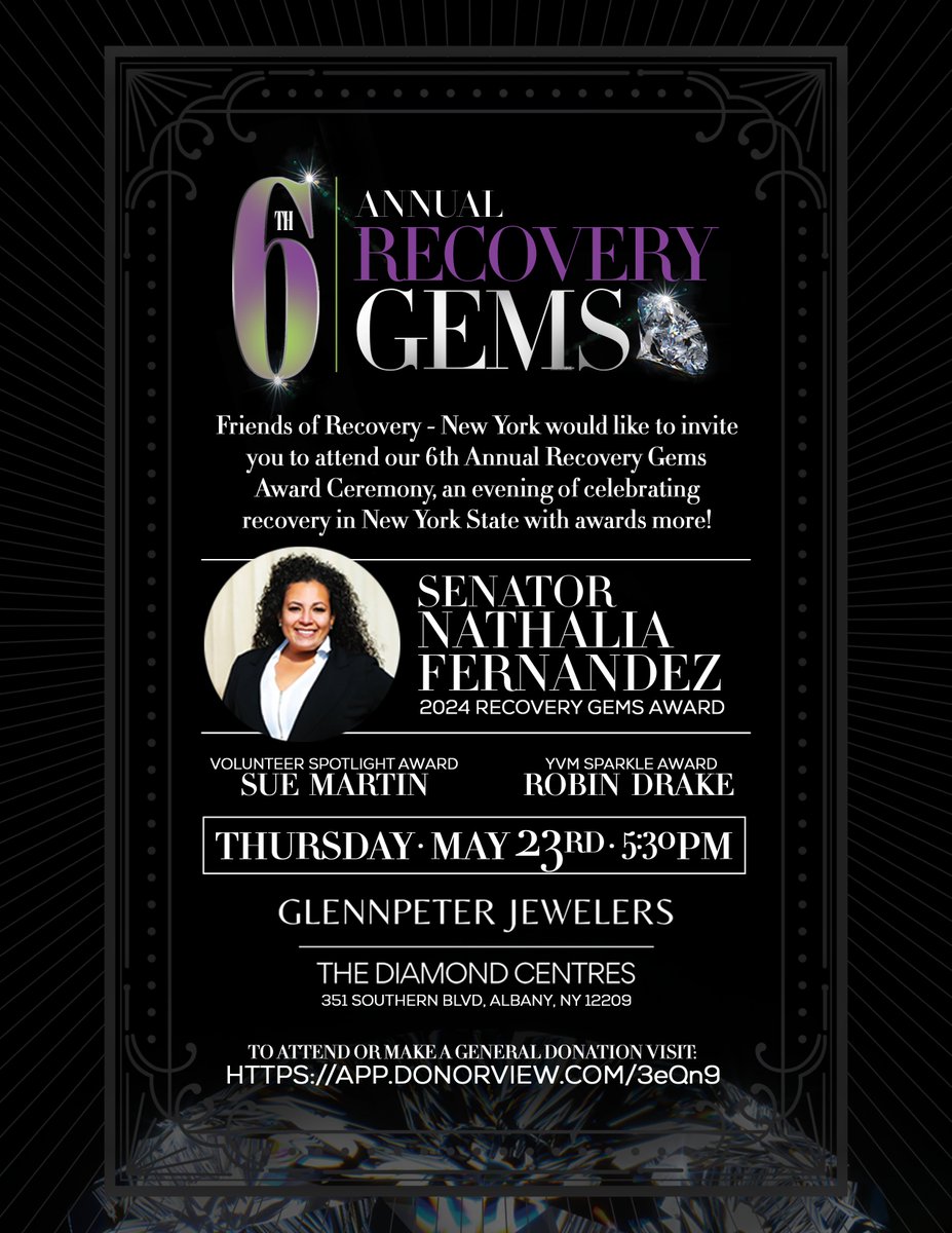 Join Friends of Recovery - New York as we celebrate an evening of contributions in the Recovery Community with the 6th Annual Recovery Gems Awards Ceremony on May 23, 2024 from 5:30 p.m.-7 p.m. To register visit loom.ly/HZARin4