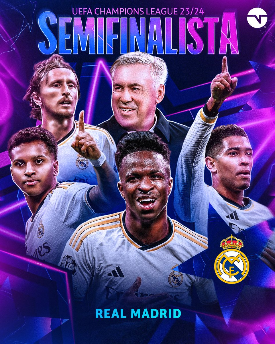 tntsportsmex's tweet photo. ¡EL REY DE EUROPA ESTÁ EN SEMIS! 🤴 🎉

Real Madrid superó los Cuartos de Final ante Manchester City para colocarse en las Semifinales de la #BenditaChampions. 🏆 https://t.co/z30mueqv7T