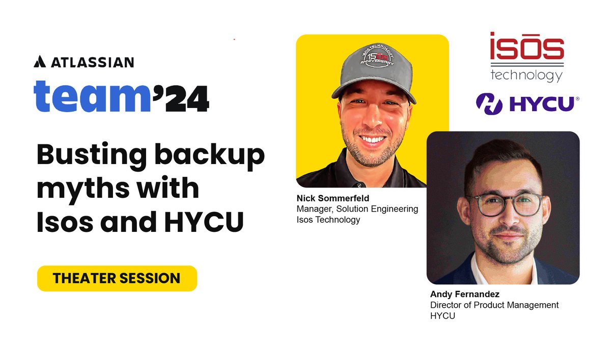 IsosTech's tweet photo. ☁️ Are you backing up your data? 

At this #AtlassianTeam24 session with Nick Sommerfeld and Andy Fernandez, you'll learn best practices for protecting your @Atlassian ecosystem against loss threats. 

Learn more here: https://t.co/HeTb0hI3Ud @HYCUInc #Atlassian #cloud https://t.co/Em0nswEhpM