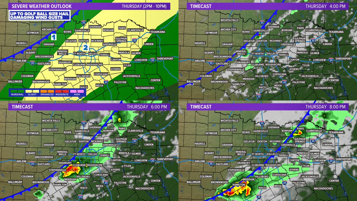 Severe storm chances Thursday: A round of storms will form along a front Thu. afternoon into evening. Timing for all of North Texas is from around 2-10pm with a narrower window of 4-7pm for DFW. Some storms could be severe with large hail and damaging winds the main threats.