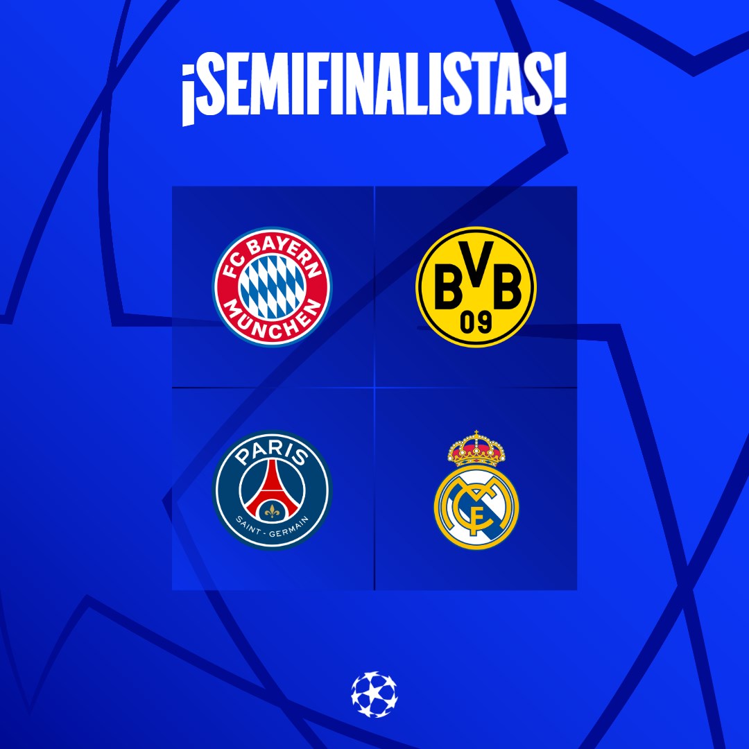 LigadeCampeones's tweet photo. 😍 𝐒𝐄𝐌𝐈𝐅𝐈𝐍𝐀𝐋𝐈𝐒𝐓𝐀𝐒 😍

🇩🇪 @FCBayernES  
🇩🇪 @BVB 
🇫🇷 @PSG_espanol 
🇪🇸 @realmadrid  

#UCL https://t.co/0F2E64F0ou