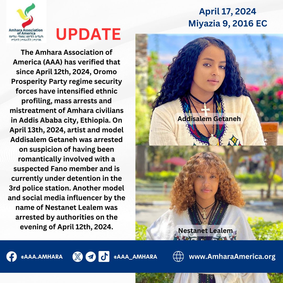 🚨#Ethiopia🇪🇹: 📢#UPDATE: AAA has verified that since April 12th, 2024, Oromo Prosperity Party regime security forces have intensified ethnic profiling, mass arrests and mistreatment of Amhara civilians in Addis Ababa city, Ethiopia.