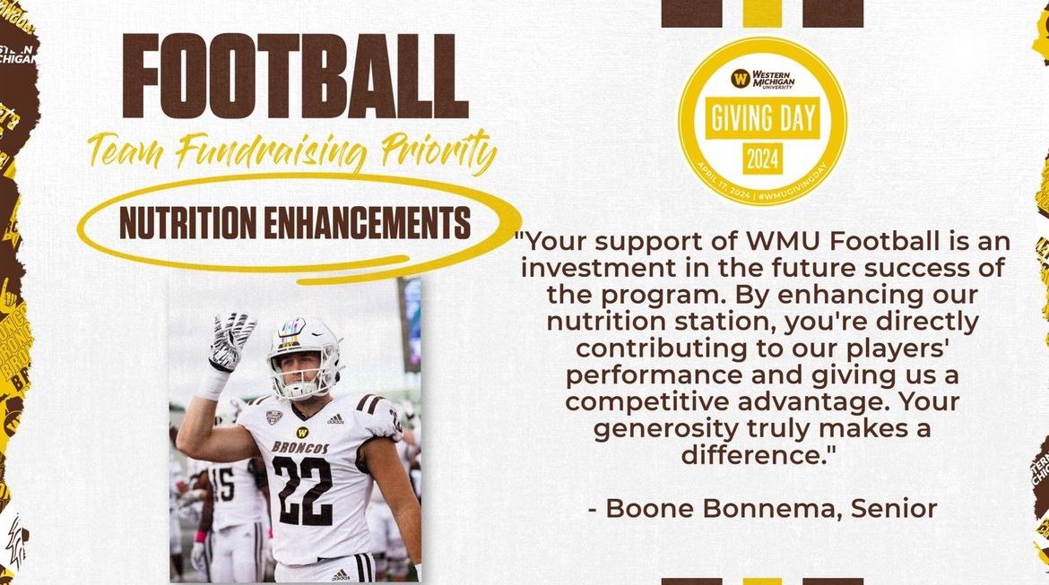 Bronco Nation help support our team by giving to our Nutrition Fund!! #EAT / @WMU_Football secure.wmualumni.org/athletics/s/gi…