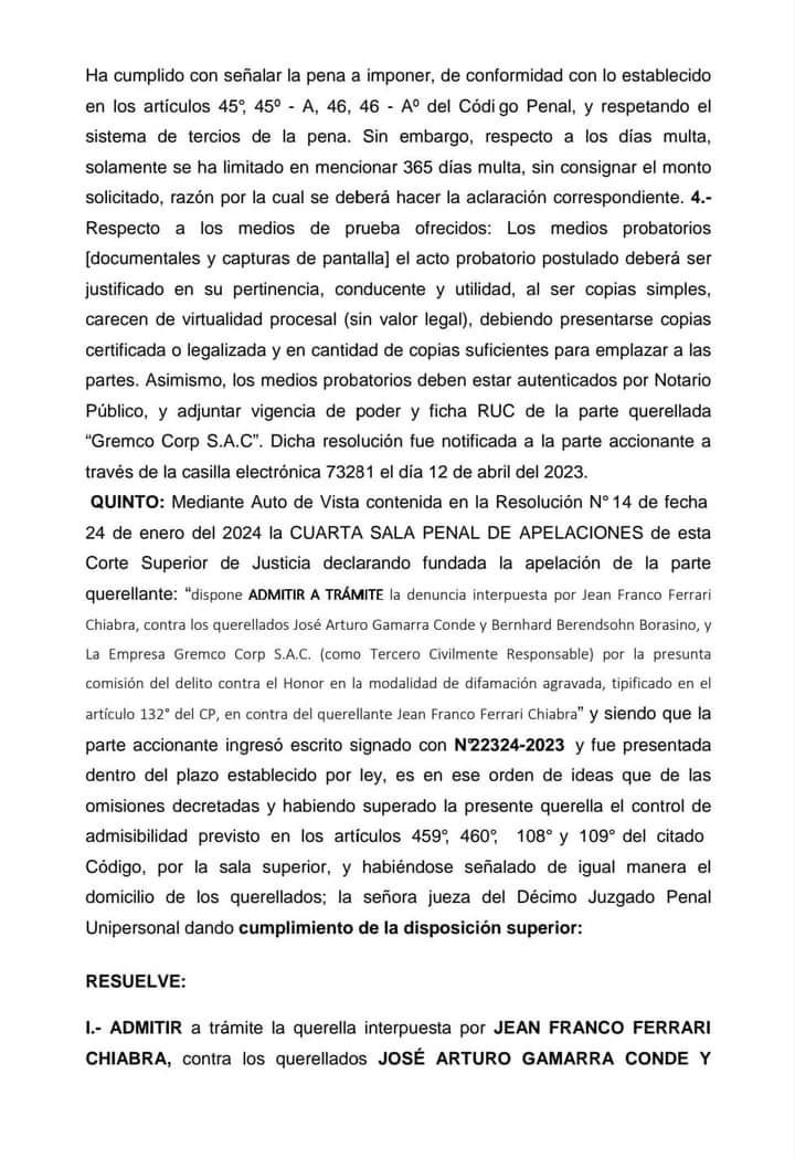 DaleUTrujillo's tweet photo. *PODER JUDICIAL ADMITE QUERELLA DE JEAN FERRARI CONTRA JOSÉ GAMARRA, BERNHARD BERENDSOHN Y LOS LEVY POR DIFAMACIÓN AGRAVADA Y A LA EMPRESA GREMCO CORP COMO TERCERO CIVILMENTE RESPONSABLE* https://t.co/8AsB9F2Vm9