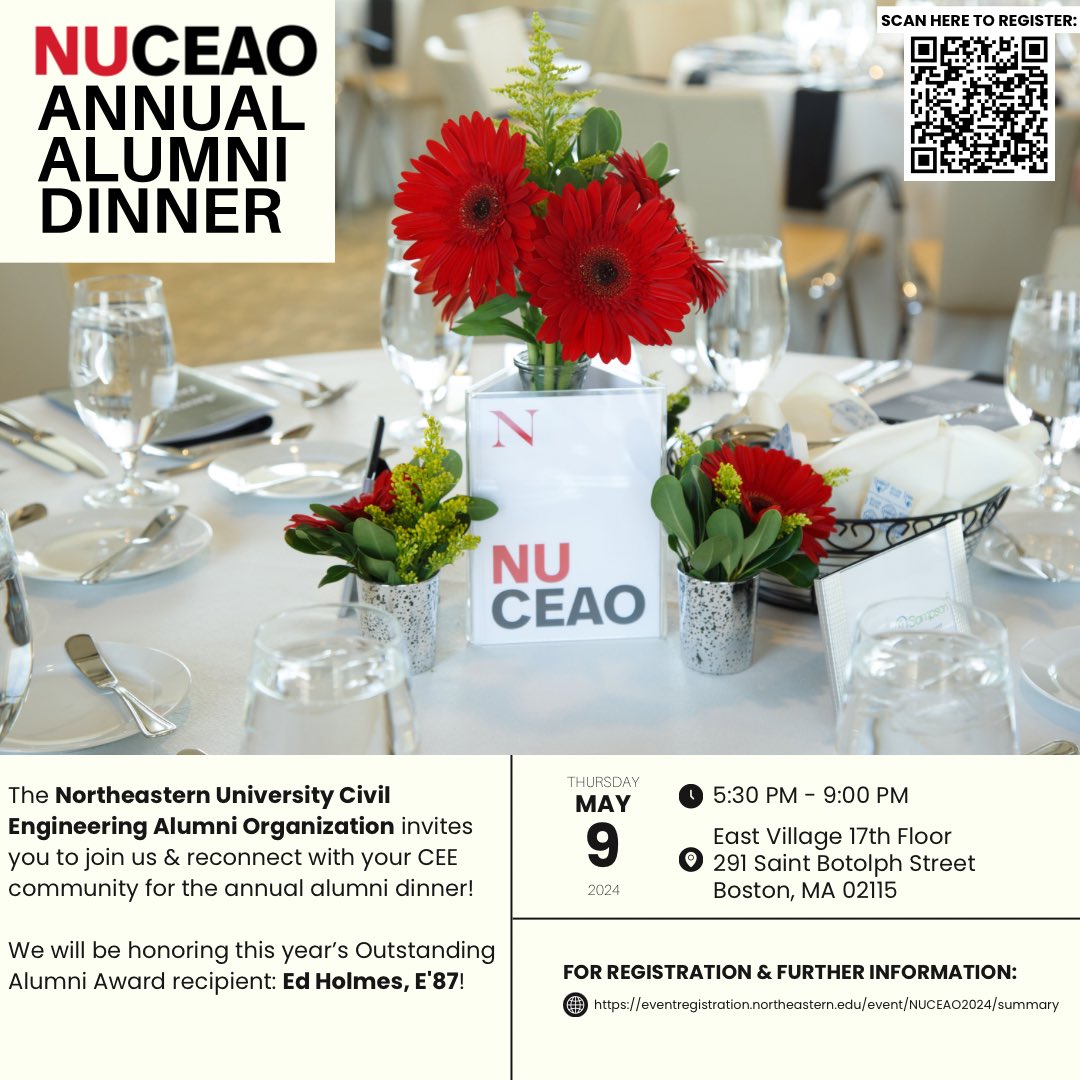 It’s that time of year again! Join NUCEAO &amp; your CEE alumni on May 9th at our annual dinner!🥂🐾🎓

eventregistration.northeastern.edu/event/NUCEAO20…