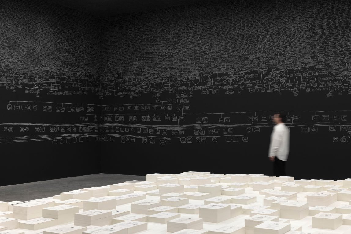 miaforrestphoto's tweet photo. To those heading to the Venice Biennale please take the time to check out the Australian Pavillion, where Archie Moore’s work is being presented, ‘𝐾𝑖𝑡ℎ 𝑎𝑛𝑑 𝐾𝑖𝑛’. 

Archie’s memorial installation comprises of a vast hand-drawn genealogical chart using fragile chalk, mapping his First Nations connections which span more than 2,400 generations and 65,000 years.

Moments of erasure amidst the names represent the atrocities inflicted upon first nations communities, such as massacres, the 
introduction of diseases and destruction of knowledge, that have all produced intergenerational trauma.

In using chalk - a symbol of educational material - he addresses the insufficient dissemination of First Nations histories.

More than 500 document stacks containing 
mainly coronial inquests on the deaths of indigenous australians in police custody, dated in our lifetime. despite first nations australians being just 3.8% of australia’s population, they account for 33% of its prison population, making  them among the most incarcerated people globally. Surrounded by the 
limitless family tree, viewers are reminded that the reports do not represent nameless statistics; rather, they are children, siblings, cousins, parents, uncles, aunts, grandparents and great-grandparents.