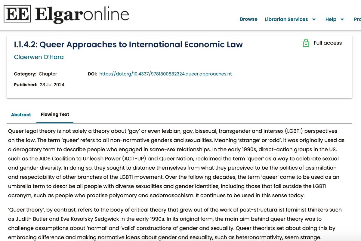 Thrilled to see the advance online version of my chapter on “Queer Approaches to International Economic Law” in the Elgar Encylopedia of International Economic Law (eds Krista Nadakavukaren Schaefer & Thomas Cottier) now available!