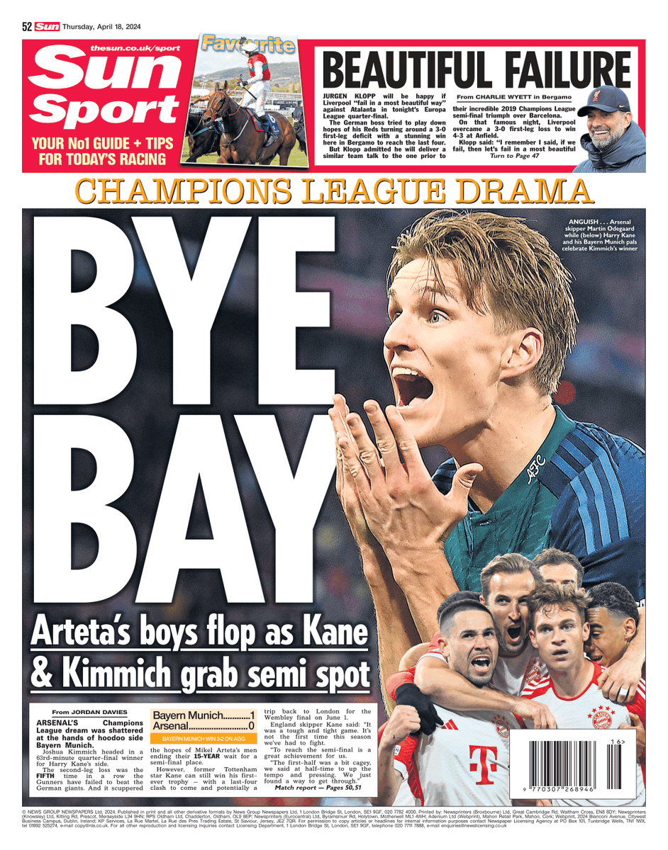 Tomorrow's @SunSport back page: BYE BAY Arteta's boys flop as Kane & Kimmich grab semi spot | @jordandaviesj |