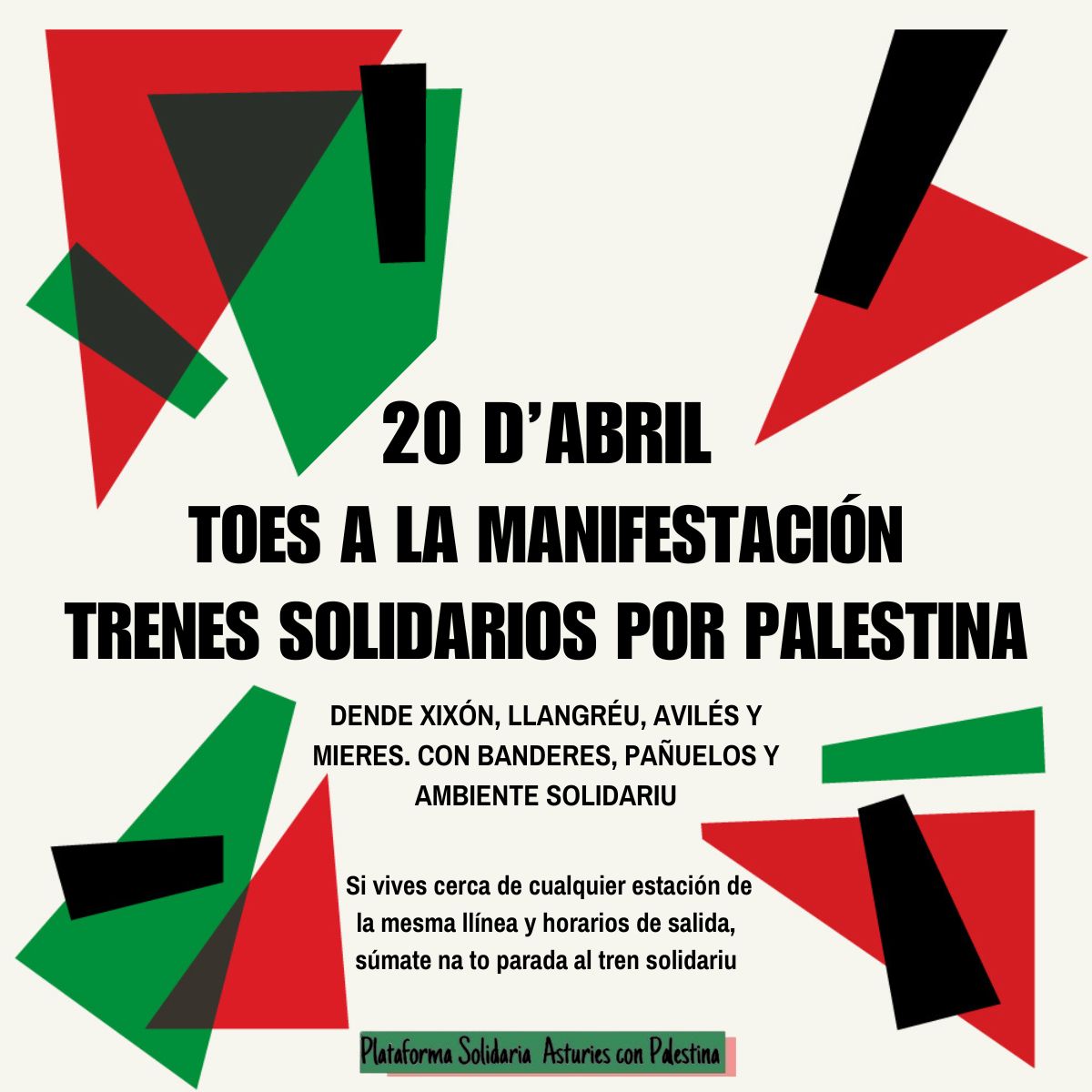 📢¡STOP al xenocidiu en #Palestina!

El sábadu 20 d'abril vamos manifestanos pa esixir el fin del comerciu d'armes y les rellaciones con #Israel.

Vémonos a les 12:30 na Estación del Norte, Uviéu.

Si vives fuera d'Uviéu, xúbite al tren solidariu con Palestina.🇵🇸
@Astur_Palestina