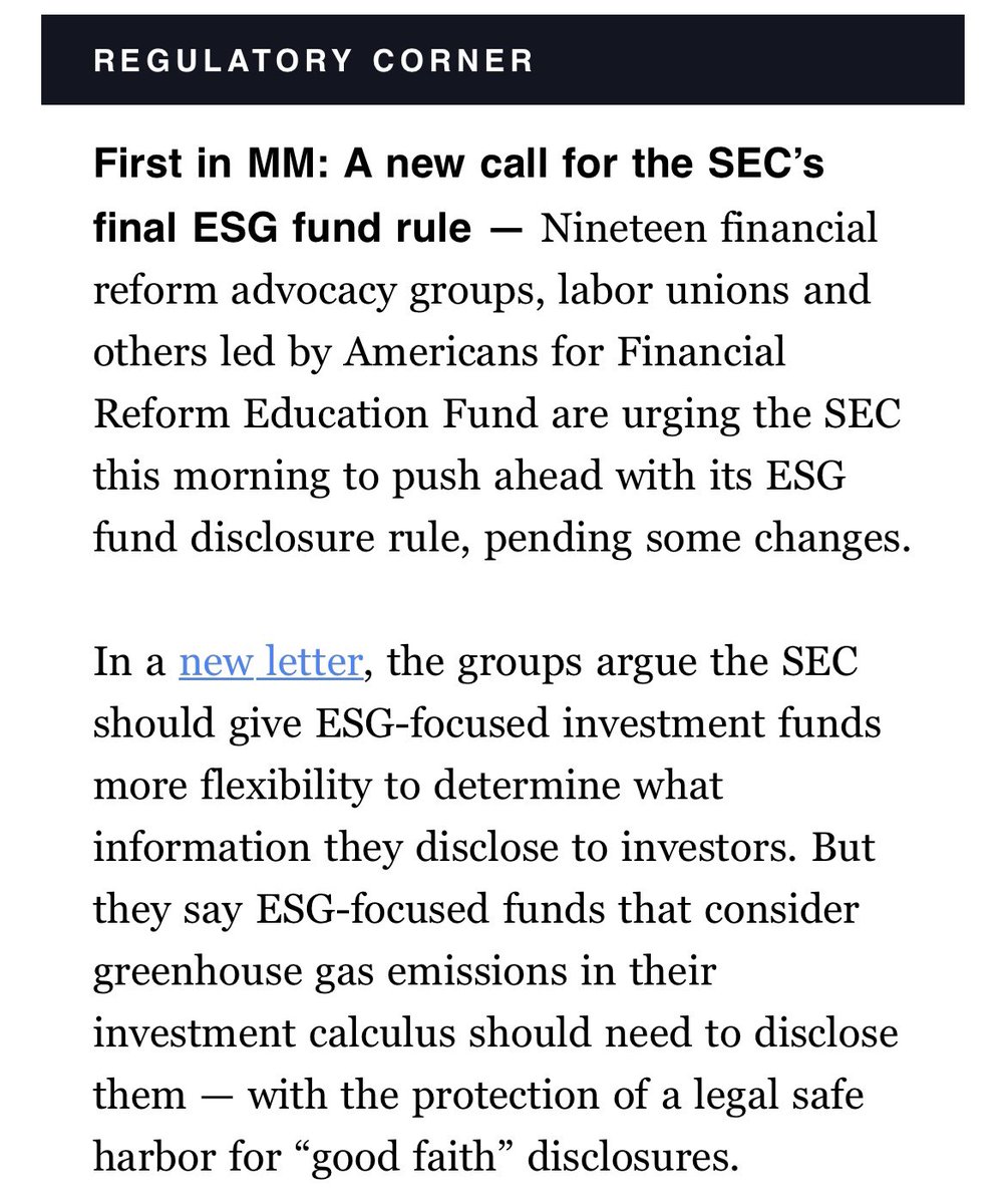 Many investment firms & ESG funds use misleading climate marketing to get more clients. @SECGov proposed new rules to deal with this, but they’re still not finalized. @RealBankReform, @SierraClub, @AFTunion & others are calling on SEC to get it done. politico.com/newsletters/mo…